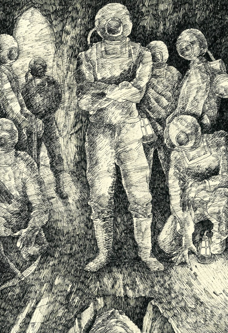Peter Fiore (PA,NY,NJ,b 1955) ink painting: ARTIST: Peter Fiore (Pennsylvania, New York, New Jersey, born 1955) TITLE: Illustration - Twenty Thousand Leagues Under the Seas YEAR: 1978 MEDIUM: ink on heavy paper