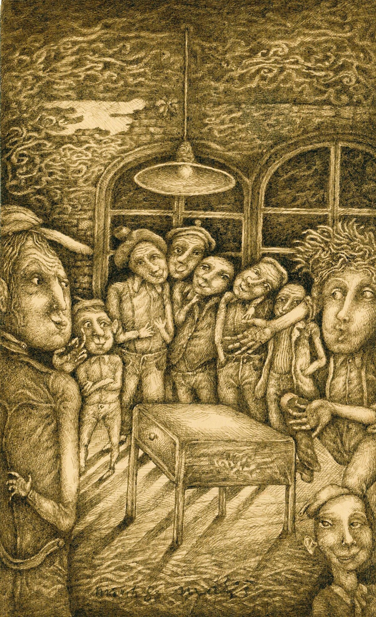 Miro Malish (Canada,Czech,b 1944) ink painting: ARTIST: Miro Malish (Canada, Czech Republic, born 1944) TITLE: Brothers Grimm Illustration YEAR: 1984 MEDIUM: ink on paper. Paper applied to board. CONDITION: