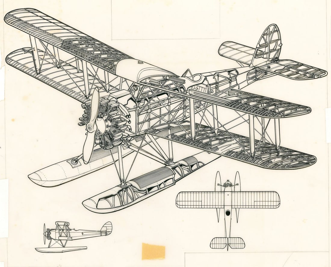 John Batchelor (UK,1936-2019) ink painting: ARTIST: John Henry Batchelor (United Kingdom, 1936 - 2019) TITLE: Plane - DH 50 with Floats (titled on verso) YEAR: 1984 MEDIUM: ink on paper. Paper applied to board. <