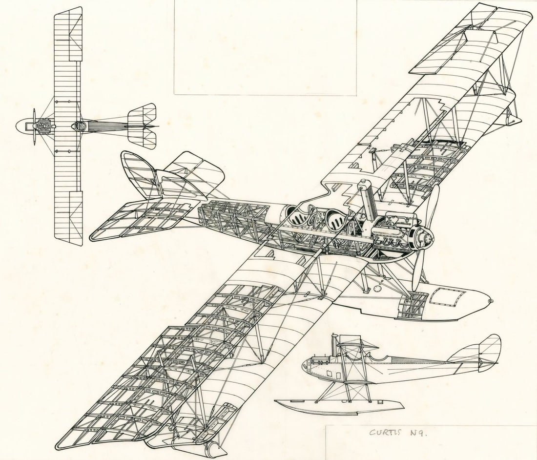 John Batchelor (UK,1936-2019) ink painting: ARTIST: John Henry Batchelor (United Kingdom, 1936 - 2019) TITLE: Plane - Curtis N9 YEAR: 1985 MEDIUM: ink on paper. Paper applied to board. CONDITION: