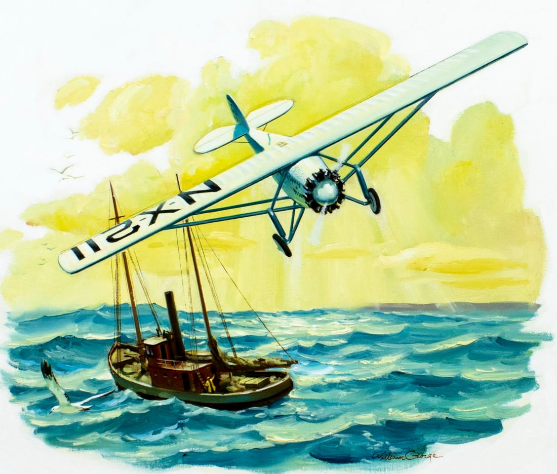 William George (CA,1930-?) oil painting: ARTIST: William George (California, 1930 - ???) TITLE: Landfall Lifts the Heart YEAR: 1989 MEDIUM: oil on canvas CONDITION: Very good. No visible inpai