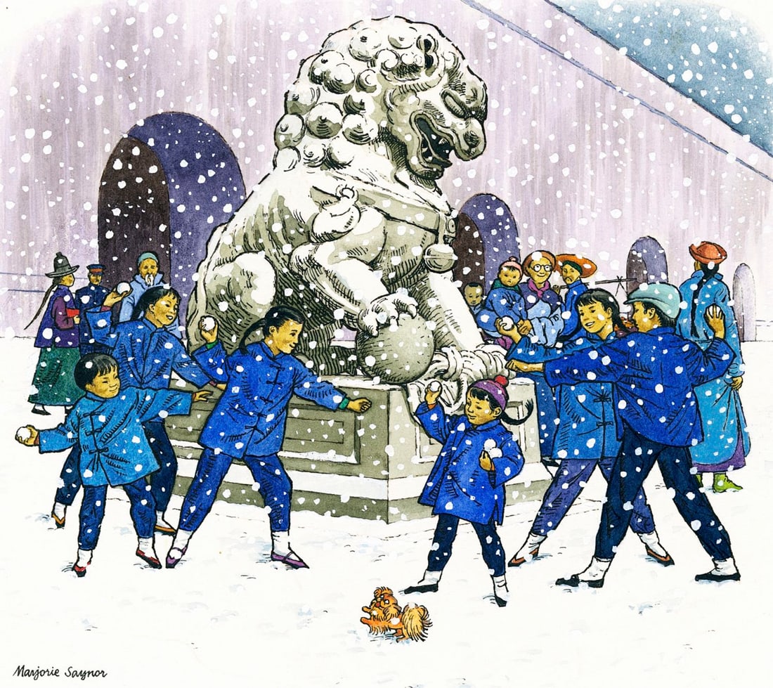 Marjorie Saynor (UK,1924-2012) watercolor painting: ARTIST: Marjorie Saynor (United Kingdom, 1924 - 2012) TITLE: Children Playing Snowballs, China YEAR: 1979 MEDIUM: watercolor on board CONDITION: Very g