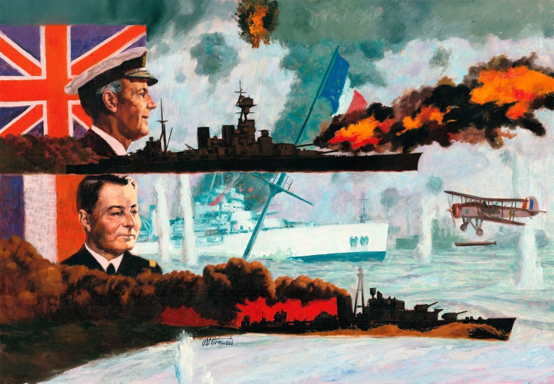 Shannon Stirnweis (AZ,NY,NH,OR,1931-2019) oil painting: ARTIST: Shannon Stirnweis (Arizona, New York, New Hampshire, Oregon, 1931 - 2019) TITLE: Battle of Mers el Kebir, France - UK (titled on verso) YEAR: 1990 MEDIUM: oil on b