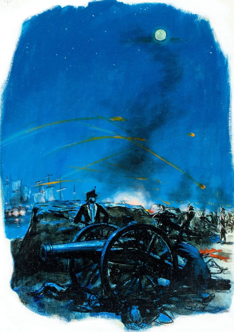 Alton Tobey (CT,1914-2005) oil painting: ARTIST: Alton S Tobey (Connecticut, 1914 - 2005) TITLE: British Bombard Charleston MEDIUM: oil on canvas board CONDITION: Overall good. No visible inpaint under UV light.