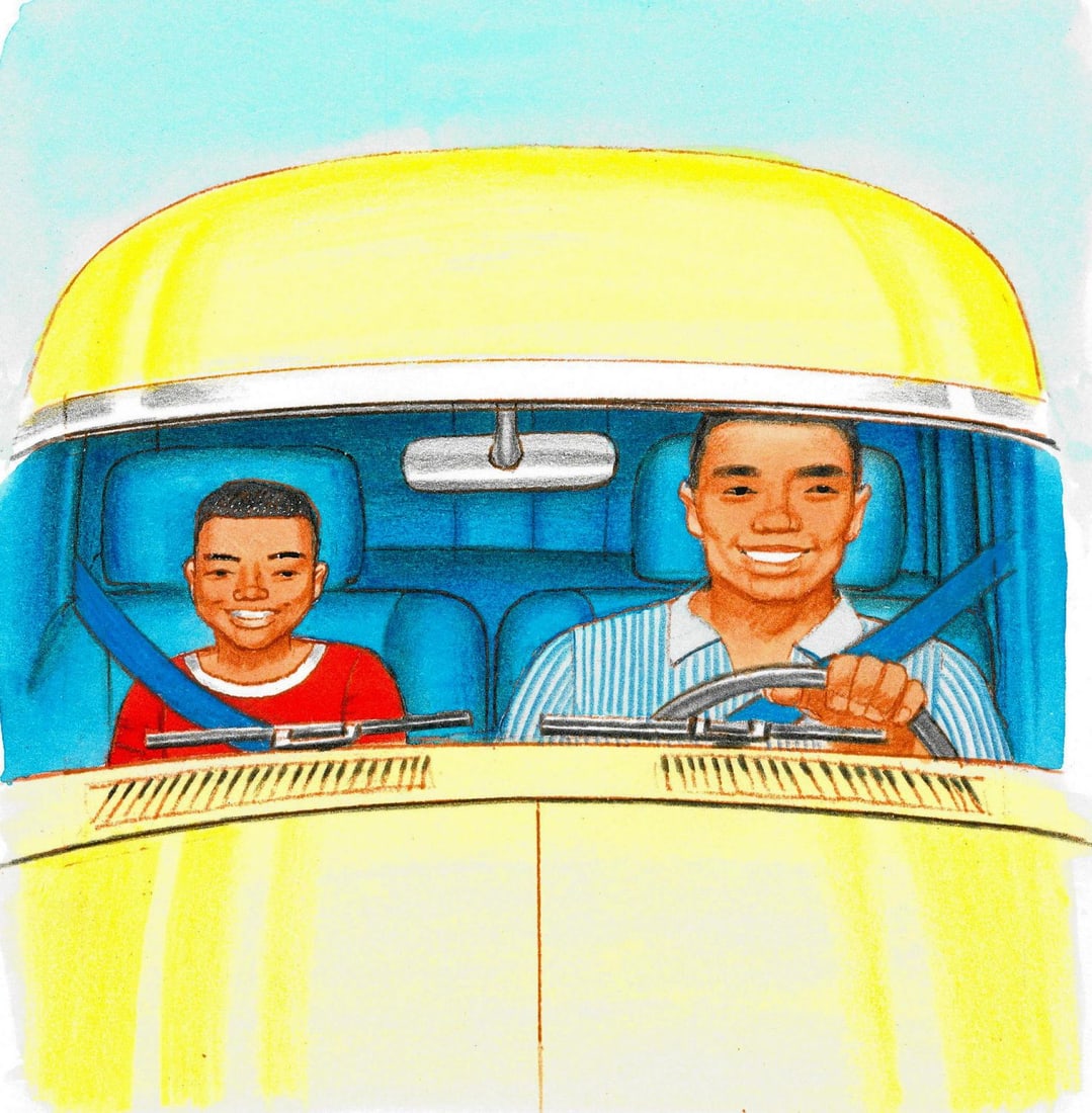 Alex Bloch (US,20C) watercolor painting: ARTIST: Alex Bloch (American, 20 century) TITLE: Illustration - Father and Son in the Car MEDIUM: watercolor on heavy paper CONDITION: Overall good. ART SIZE: