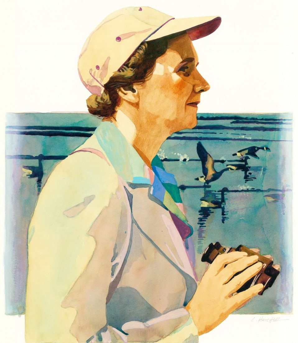 Lois Hatcher (US,1946-?) watercolor painting: ARTIST: Lois Hatcher (American, 1946 - ???) TITLE: Portrait of Rachel Carson (titled on verso) YEAR: 1981 MEDIUM: watercolor on board CONDITION: Minor