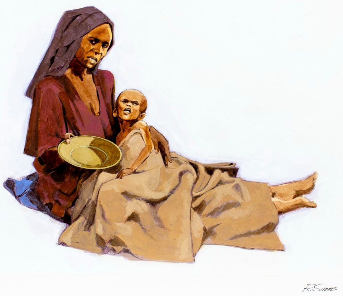 Dick Simms (US,1932-?) oil painting: ARTIST: Dick Simms (American, 1932 - ???) TITLE: Combat Hunger (titled on verso) YEAR: 1985 MEDIUM: oil on board CONDITION: Overall good. No visible in