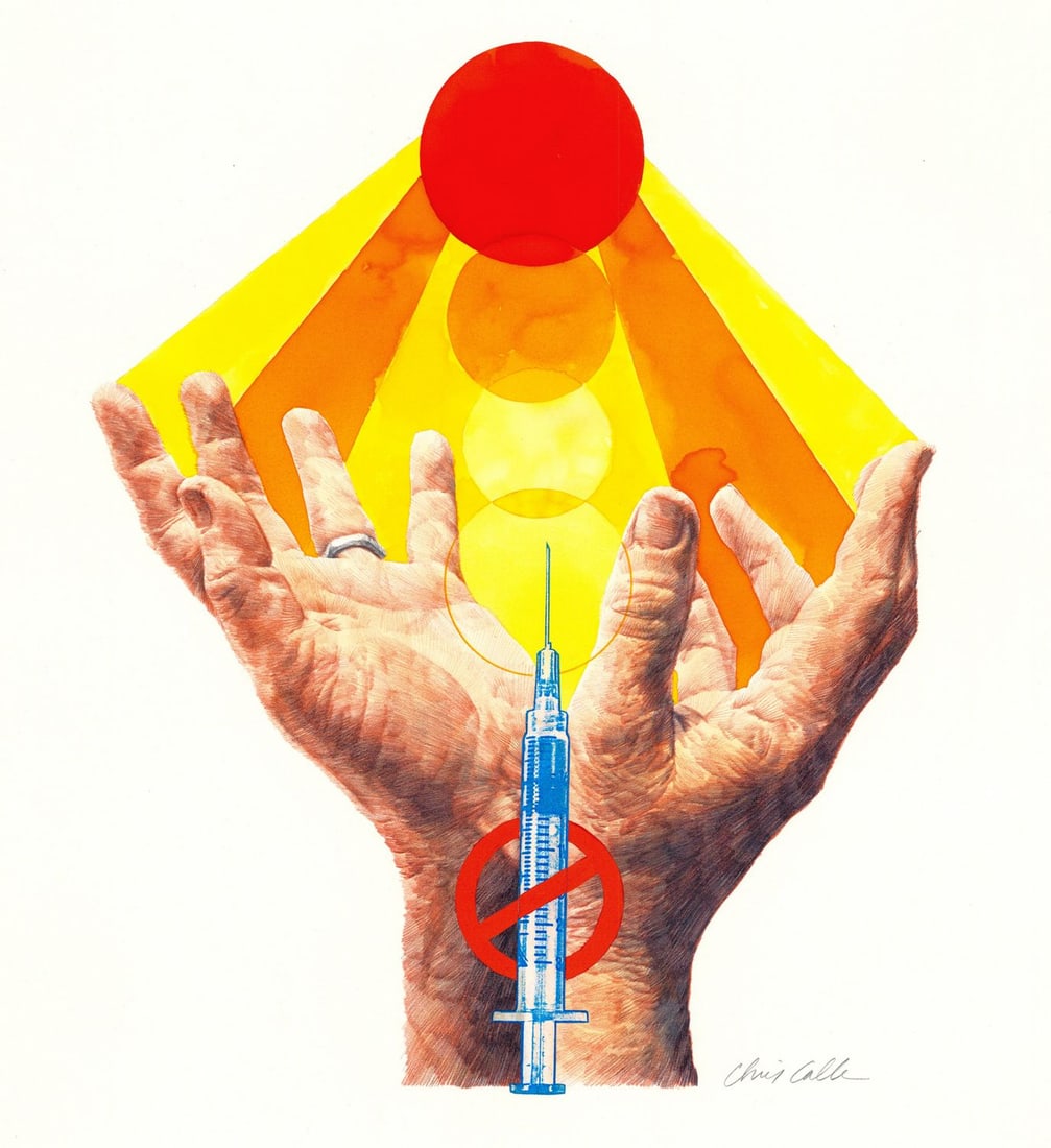 Chris Calle (CT,b 1961) watercolor painting: ARTIST: Chris Calle (Connecticut, born 1961) TITLE: Yes to Life - No to Drugs (titled on verso) YEAR: 1987 MEDIUM: watercolor on board CONDITION: Minor d