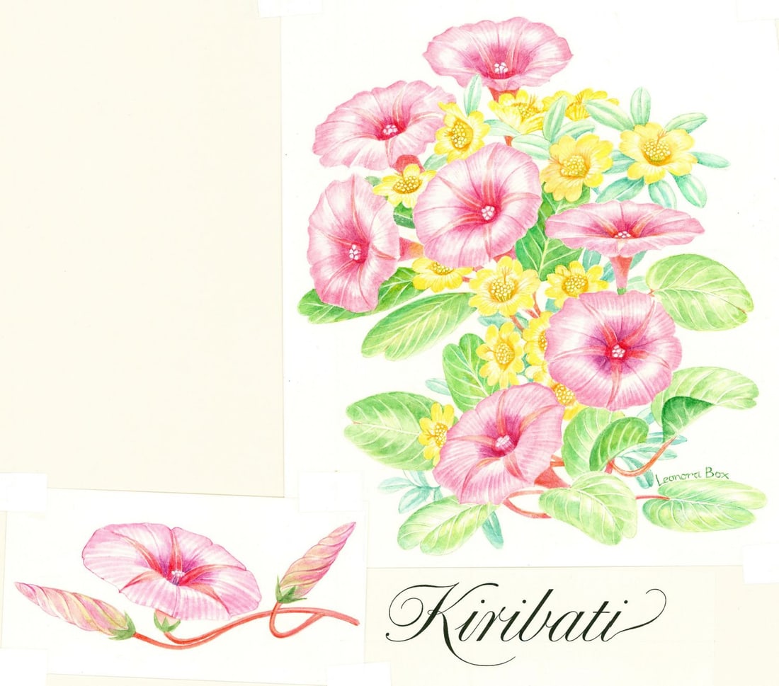Leonora Box (UK,1936-?) watercolor painting: ARTIST: Leonora Box (United Kingdom, 1936 - ???) TITLE: Queens 60th Birthday - Kiribati (titled on verso) YEAR: 1986 MEDIUM: watercolor on paper. Paper applied to board.