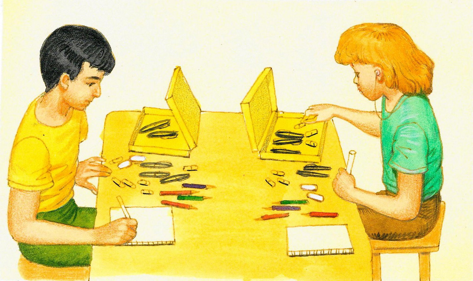 Alex Bloch (US,20C) watercolor painting: ARTIST: Alex Bloch (American, 20 century) TITLE: Children Drawing MEDIUM: watercolor on heavy paper CONDITION: Minor age toning. ART SIZE: 2 x 4 inches /