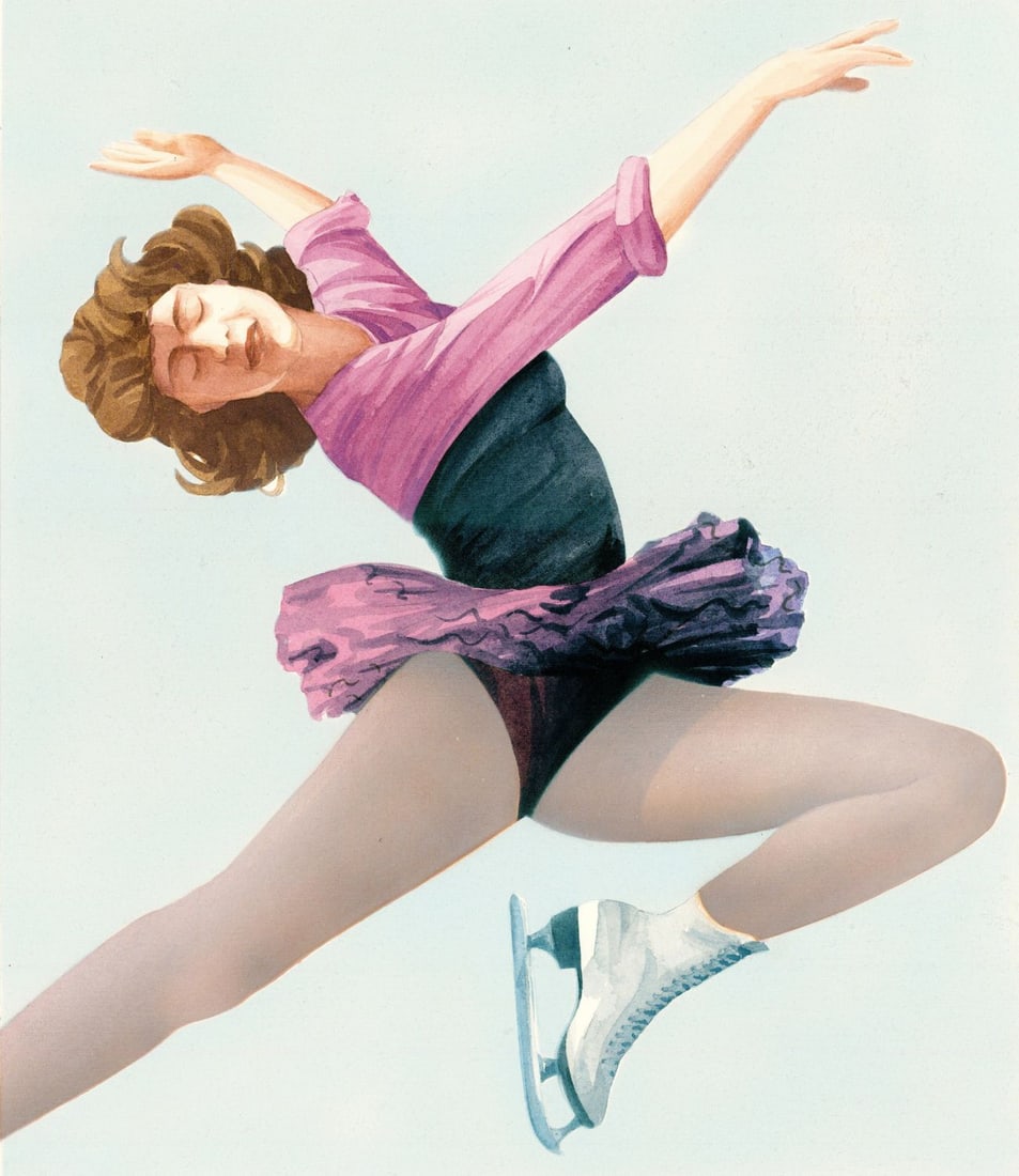 Andreja M Milenkovic (Serbia,1923-2005) watercolor painting: ARTIST: Andreja M Milenkovic (Serbian, 1923 - 2005) TITLE: Yugoslavia Olympics 1984 - Figure Skater YEAR: 1983 MEDIUM: watercolor on board CONDITION: M