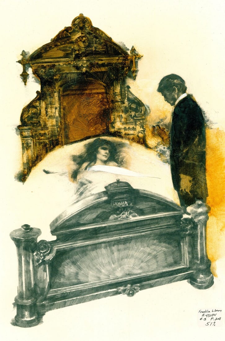 Herbert Tauss (NY,1929-2001) mixed media painting: ARTIST: Herbert Tauss (New York, 1929 - 2001) TITLE: Illustration - Katherine Anne Porter MEDIUM: mixed media on paper CONDITION: Some foxing (just few spots). Some age toni