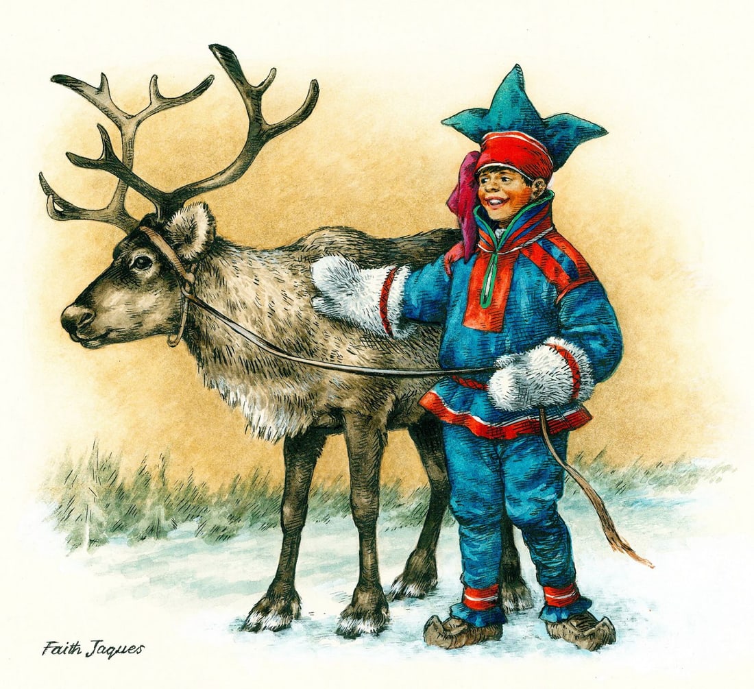 Faith Jaques (UK,1923-1997) watercolor painting: ARTIST: Faith Heather Jaques (United Kingdom, 1923 - 1997) TITLE: Boy in Native Costume with Deer, Finland YEAR: 1979 MEDIUM: watercolor on board CONDITION:
