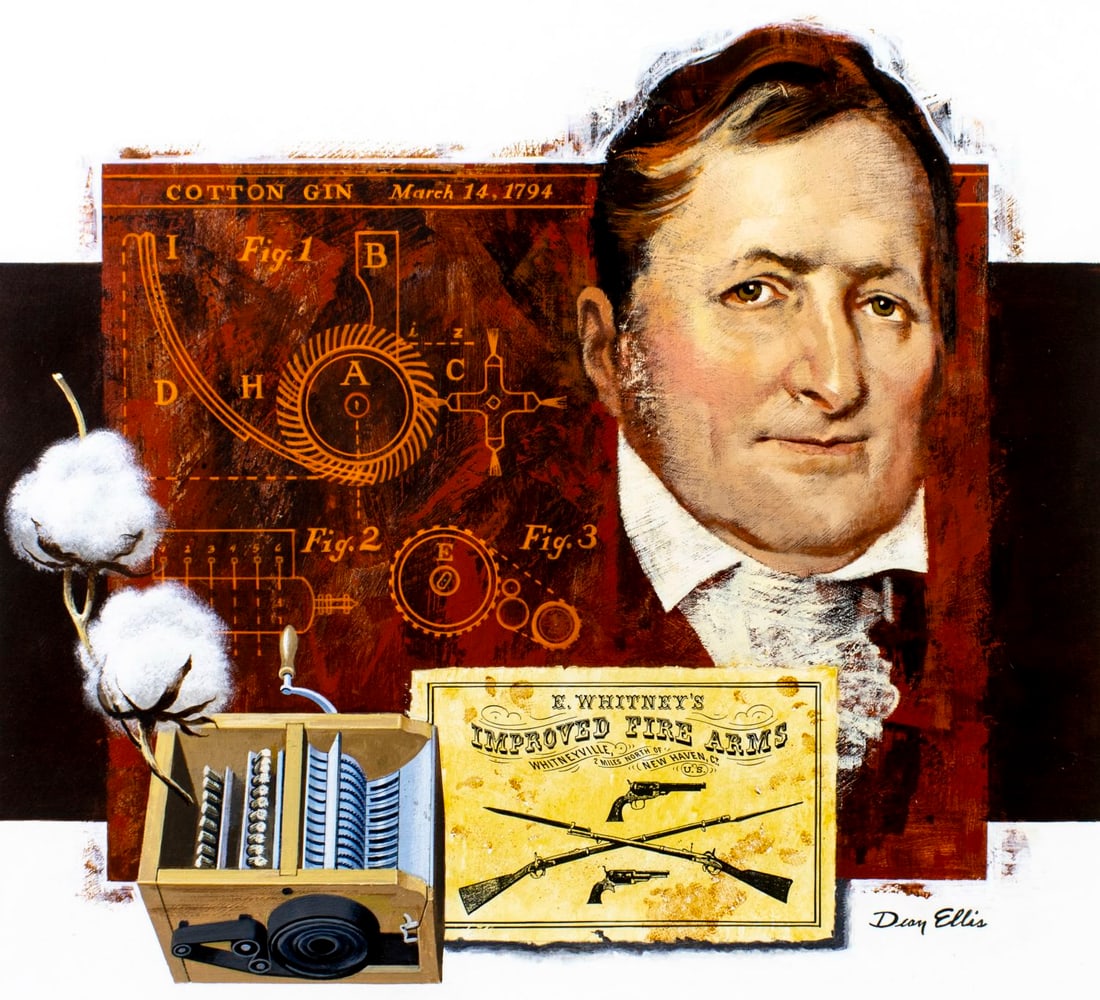 Dean Ellis (NY,1920-2009) oil painting: ARTIST: Dean Ellis (New York, 1920 - 2009) TITLE: Shapers of American Liberty - Eli Whitney YEAR: 1988 MEDIUM: oil on board CONDITION: Minor damages to c