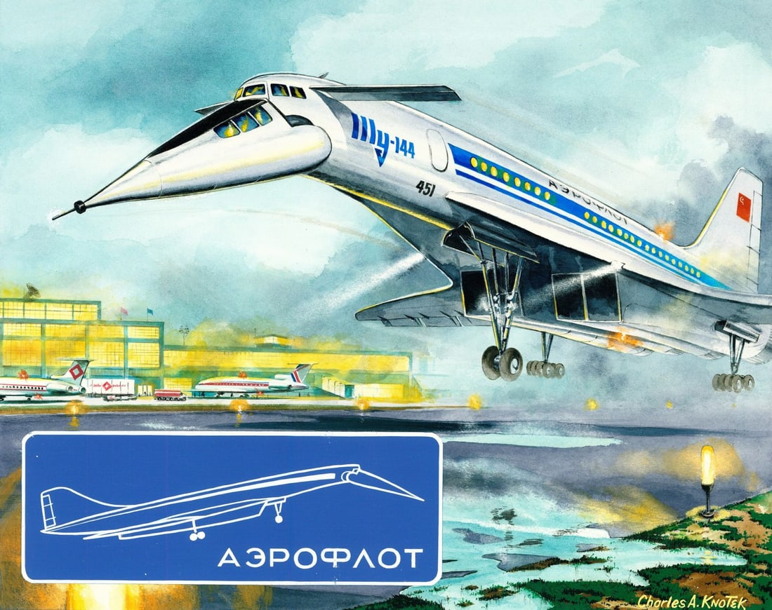 Charles Knotek (US,1933-2008) watercolor painting: ARTIST: Charles Knotek (American, 1933 - 2008) TITLE: First Supersonic Commercial Aircraft (titled on verso) YEAR: 1984 MEDIUM: watercolor on board CONDITION:</