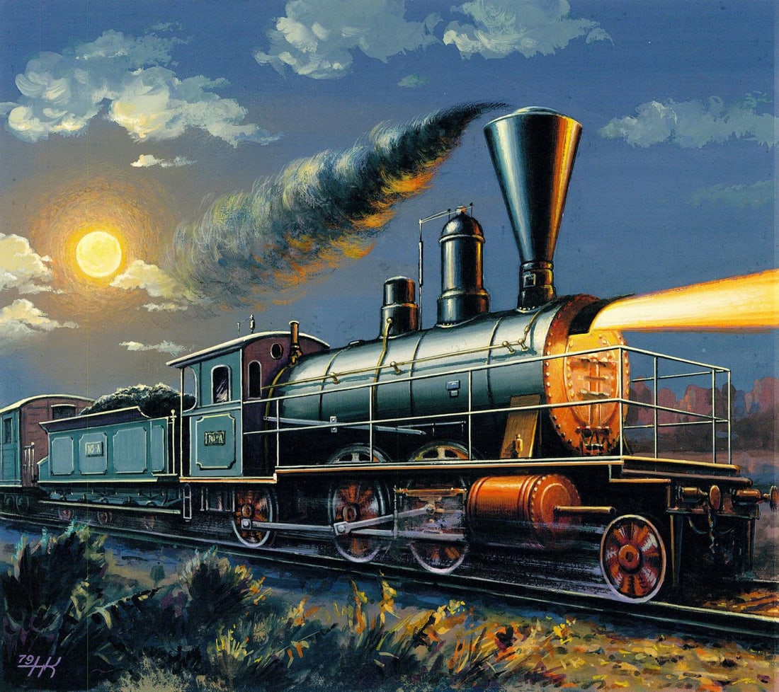 N Kolesnikov (Russia,20C) gouache painting: ARTIST: N Kolesnikov (Russian, 20 century) TITLE: Passenger Train Type I-3-0 Series A, Ural Railway, Russia (has label on verso) YEAR: 1979 MEDIUM: gouache on board