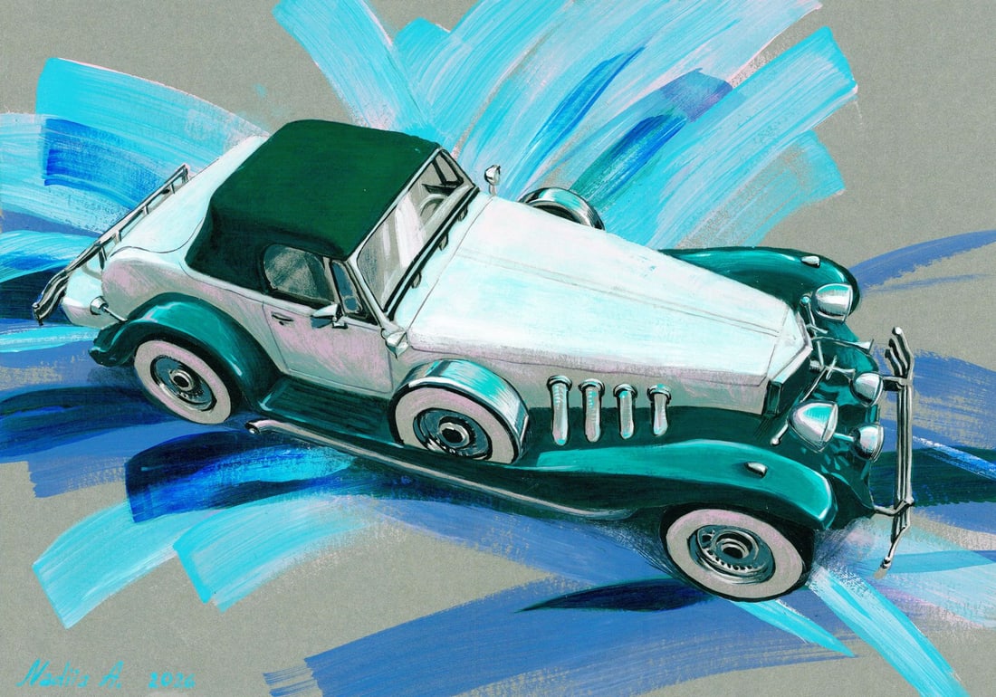 Nadya Afanasyenko (Ukraine,20/21C) acrylic painting: ARTIST: Nadya Afanasyenko (Ukraine, 20/21 centuries) TITLE: Car - Gatsby Cabriolet (titled on verso) MEDIUM: acrylic on heavy paper CONDITION: Very good. ART SIZE