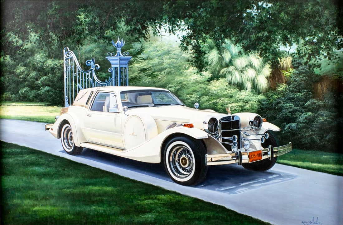 Ron Balaban (US,20C) oil painting: ARTIST: Ron Balaban (American, 20 century) TITLE: Car - Zimmer Golden Spirit 1982 MEDIUM: oil on canvas CONDITION: Minor craquelure. No visible inpaint under UV light. Wear