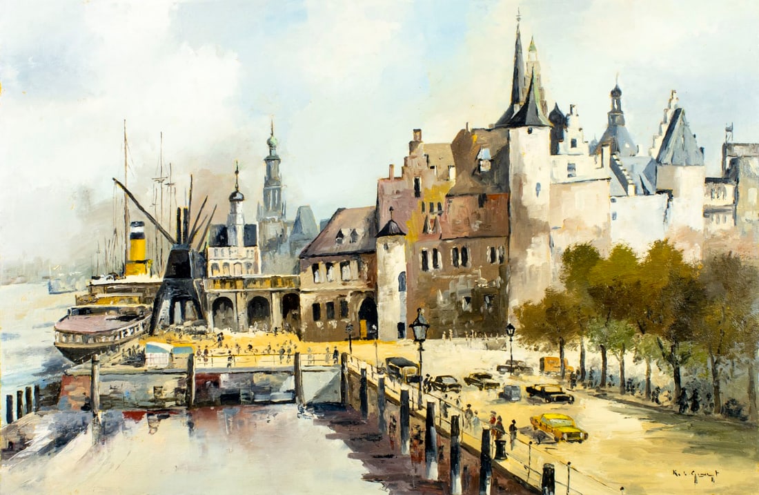 Karl Ludwig Gast (German,1907-?) oil painting: ARTIST: Karl Ludwig Gast (Germany, 1907 - ???) TITLE: Amsterdam Port Cityscape MEDIUM: oil on canvas CONDITION: Unstretched (In-House stretching available) (In-House stret