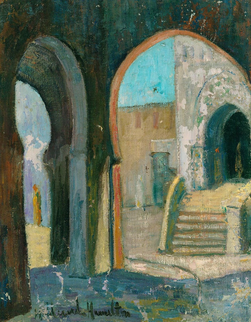 Hildegarde Hamilton (FL,VA,1898-1970) oil painting: ARTIST: Hildegarde Hume Hamilton (Florida, Virginia, 1898 - 1970) TITLE: Oriental Archway Scene, Tetouan, Morocco (titled on verso) MEDIUM: oil on canvas CONDITION: Unstre