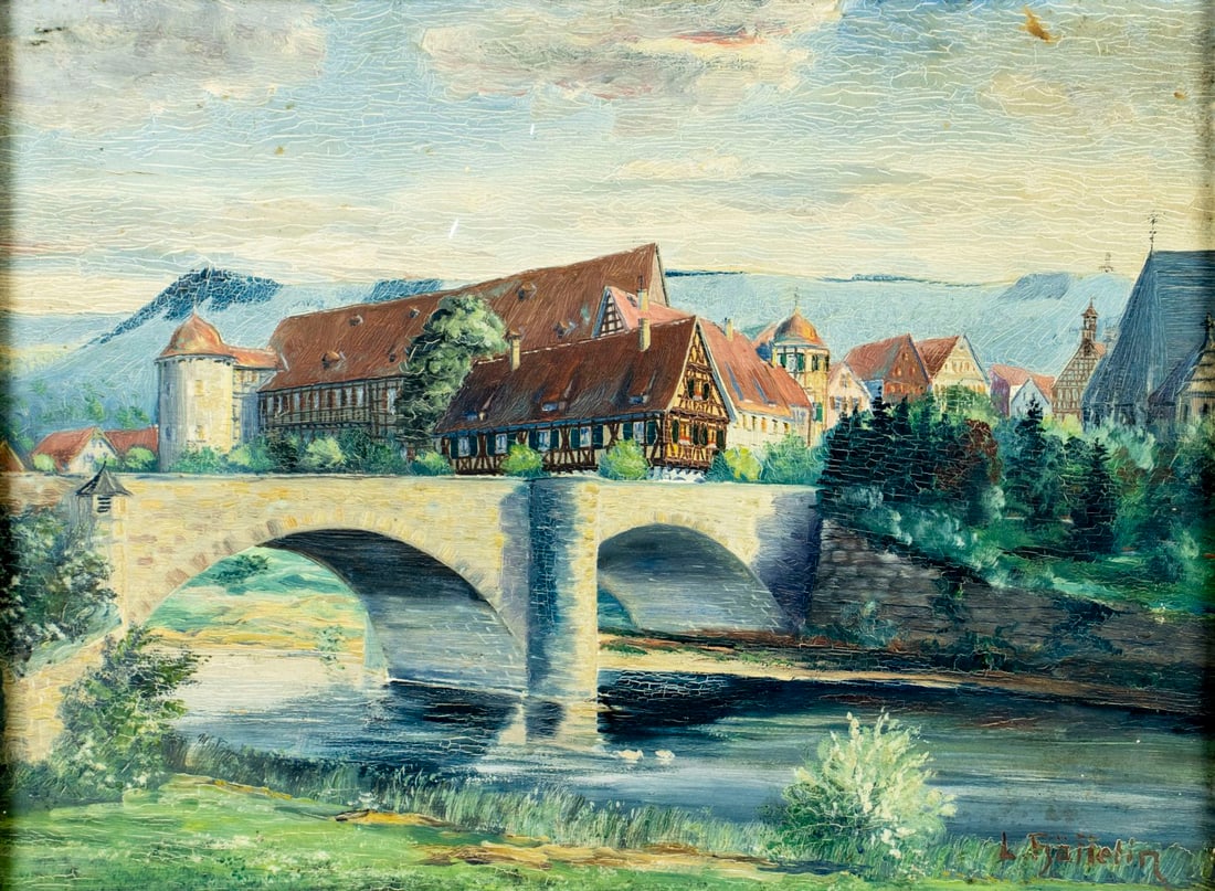 Vintage mid 20C European oil painting signed: ARTIST: - (Europe, mid 20 century) TITLE: Bridge Cityscape MEDIUM: oil on board CONDITION: Some scratches/paint lossese. Some craquelure. No visible inpaint under UV light