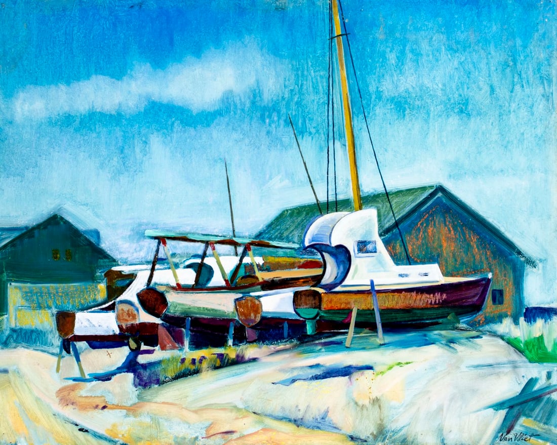 David George Van Vliet (US,20C) oil painting: ARTIST: David George Van Vliet (American, 20 century) TITLE: Harbor Scene MEDIUM: oil on board CONDITION: Some scratches/paint losses mostly along edges. No visible inpaint