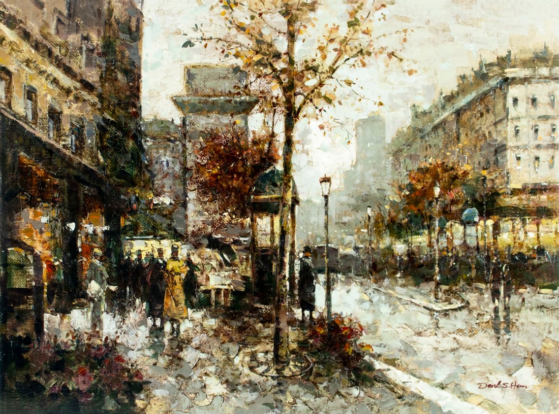 Darl S Han (Europe,20C) oil painting: ARTIST: Darl S Han (European, 20 century) TITLE: Paris Cityscape MEDIUM: oil on canvas CONDITION: Overall good. No visible inpaint under UV light. Normal wear to edges.