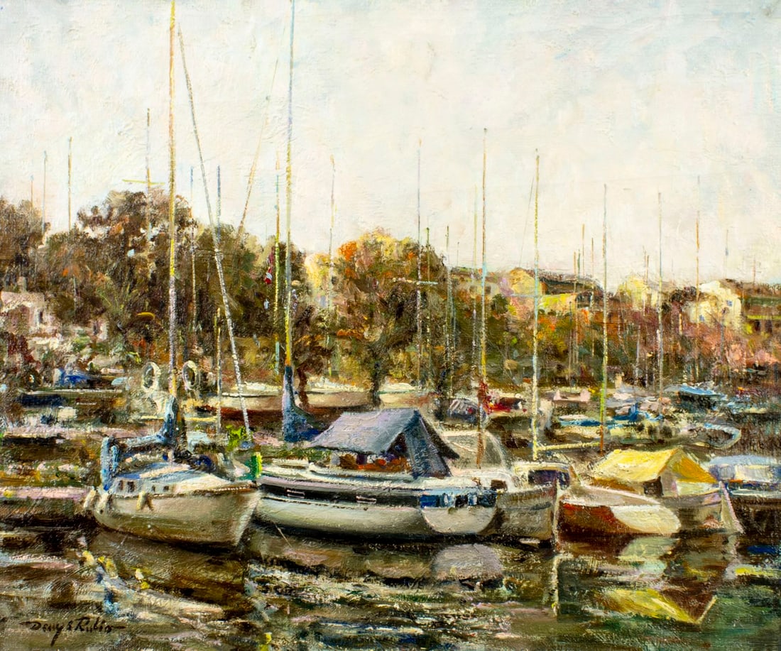 Denys Rubio (Europe,20C) oil painting: ARTIST: Denys Rubio (European, 20 century) TITLE: Harbor Scene with Boats MEDIUM: oil on canvas CONDITION: Unstretched (In-House stretching available) (In-House stretching a