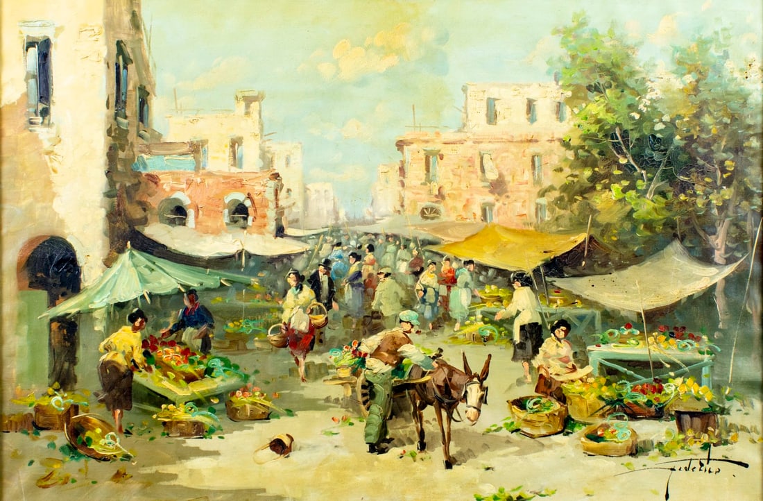 Federico (Italy,20C) oil painting: ARTIST: Federico (Italian, 20 century) TITLE: Market Scene MEDIUM: oil on canvas CONDITION:One patch. Few small scratches/paint losses. Some craquelure. No visible inpaint u