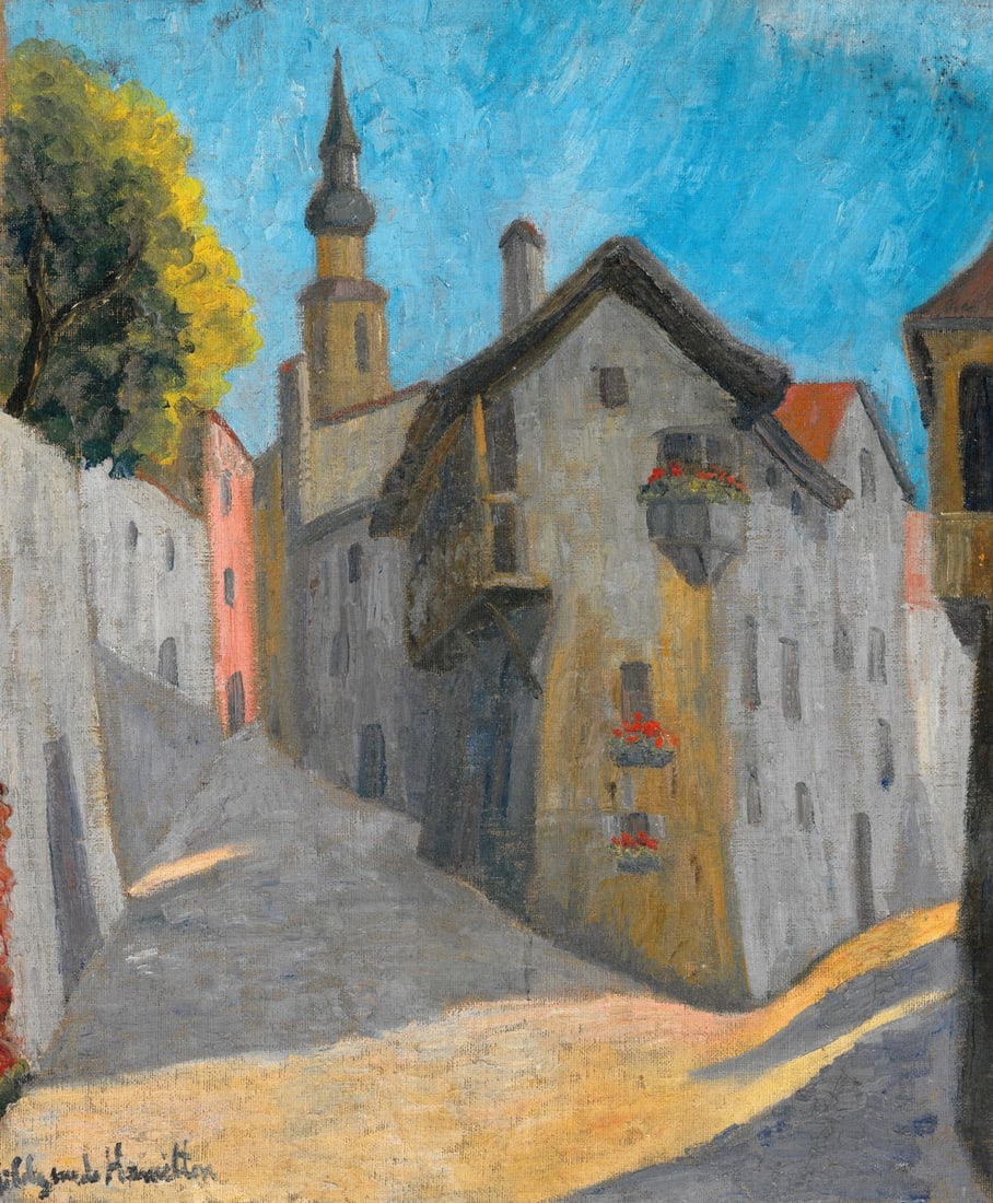 Hildegarde Hamilton (FL,VA,1898-1970) oil painting: ARTIST: Hildegarde Hume Hamilton (Florida, Virginia, 1898 - 1970) TITLE: Austrian Cityscape (titled on verso) MEDIUM: oil on canvas CONDITION: Unstretched (In-House stretchi