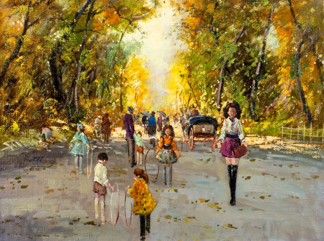 Belli (Europe,20C) oil painting: ARTIST: Belli (European, 20 century) TITLE: Park Scene MEDIUM: oil on canvas CONDITION: Unstretched (In-House stretching available) (In-House stretching available). Overall