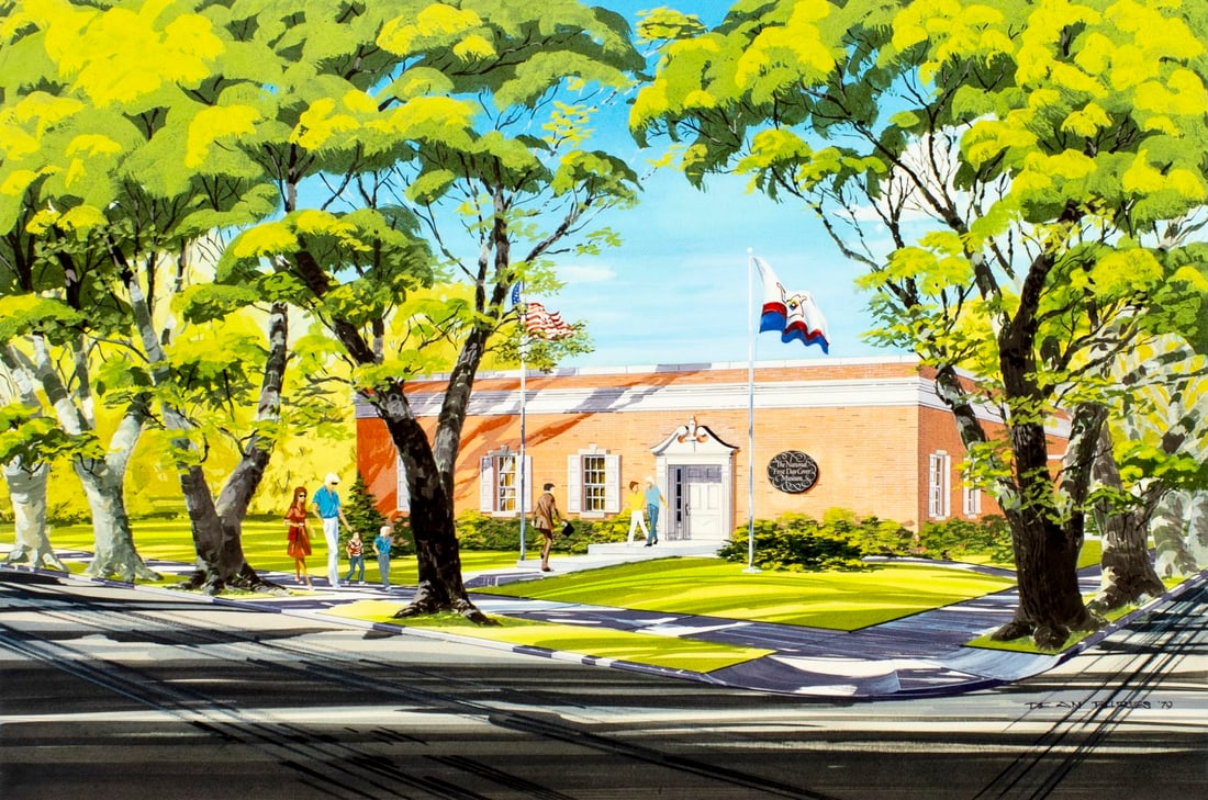 Dean Purves (WY,1929-2015) gouache painting: ARTIST: Dean Purves (Wyoming, 1929 - 2015) TITLE: The National First Day Cover Museum YEAR: 1979 MEDIUM: gouache on board CONDITION: Minor damages to c
