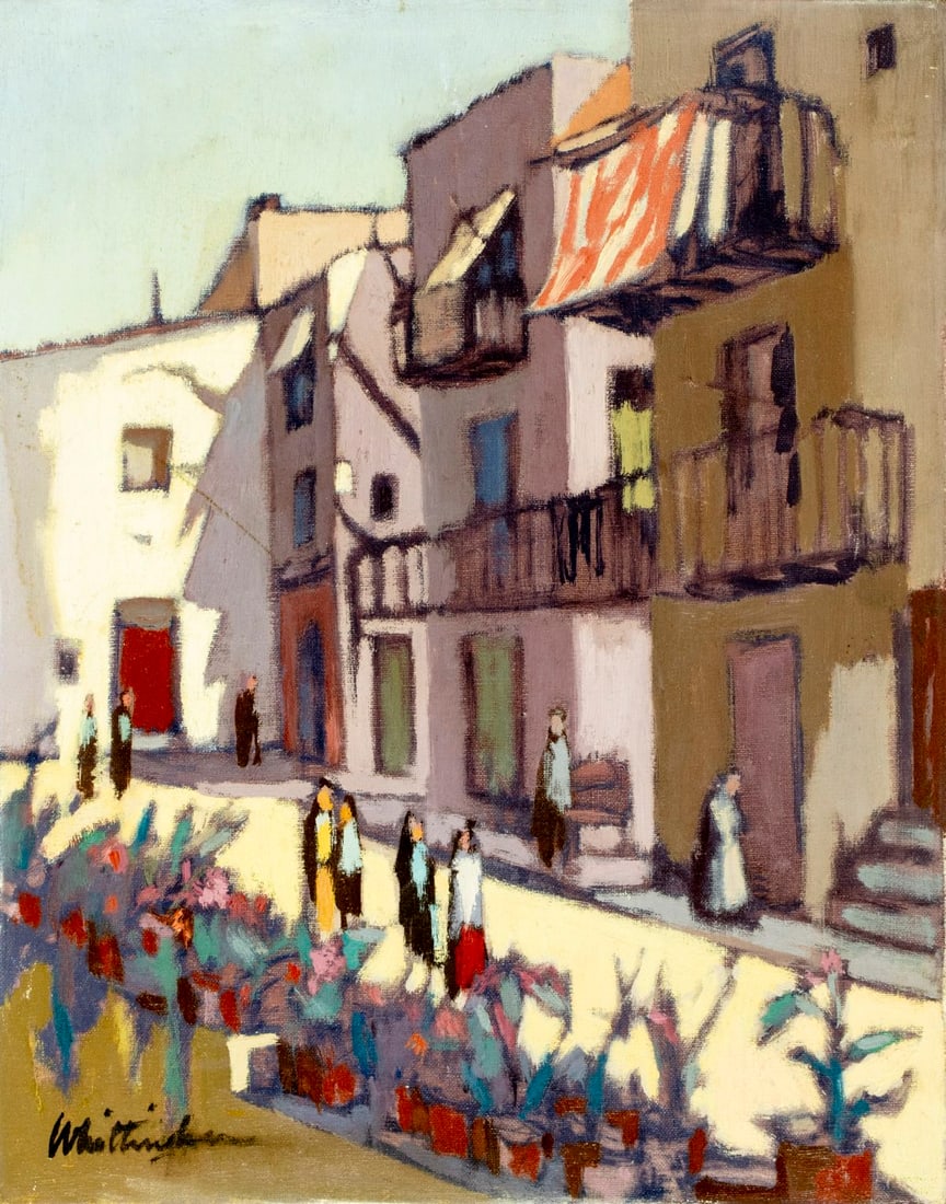 Bonnie Whittingham (MA,NY,CA,1921-1997) oil painting: ARTIST: Bonnie Whitingham (Massachusetts, New York, California, 1921 - 1997) TITLE: Cityscape YEAR: 1969 MEDIUM: oil on canvas CONDITION: Some scratche