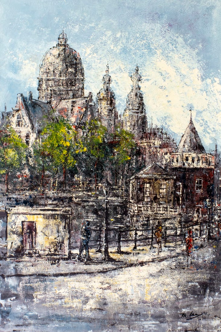 Fr Leo (Spain,20C) oil painting: ARTIST: Fr Leo (Spanish, 20 century) TITLE: European Cityscape MEDIUM: oil on canvas CONDITION: Few small paint losses. Some craquelure. No visible inpaint under UV light. N