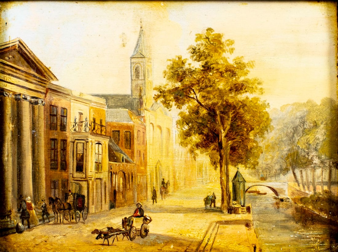 Antique early 20C European oil painting: ARTIST: - (Europe, early 20 century) TITLE: Cityscape MEDIUM: oil on board CONDITION: Minor scratches/paint losses. Some horizontal surface cracks. Some craquelure. No visib