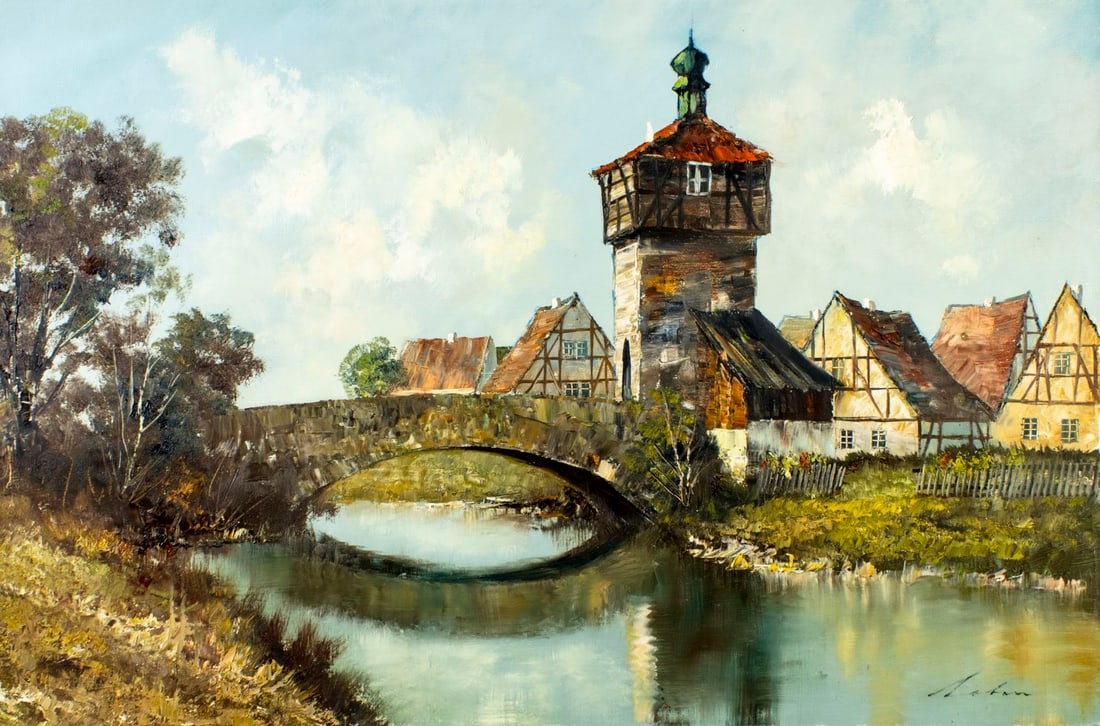 S Lobau (German,20C) oil painting: ARTIST: S Lobau (Germany, 20 century) TITLE: Village Landscape with Bridge MEDIUM: oil on canvas CONDITION: Unstretched (In-House stretching available) (In-House stretching