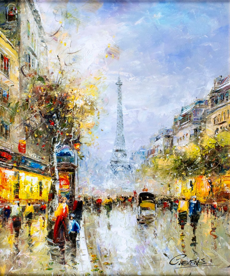 Christof Vevers (Europe,b 1962) oil painting: ARTIST: Christof Vevers (European, born 1962) TITLE: Paris Cityscape, France MEDIUM: oil on canvas CONDITION: Very good. No visible inpaint under UV light. ART SI