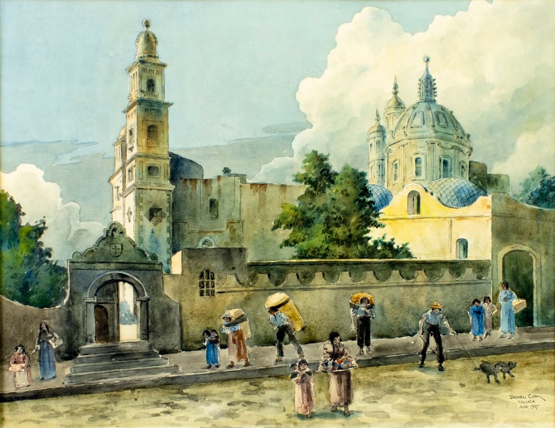 Daniel Cook (OH,1872-?) watercolor painting antique: ARTIST: Daniel Cook (Ohio, 1872 - ???) TITLE: Toluca Cityscape, Mexico YEAR: 1937 MEDIUM: watercolor on paper CONDITION: Few very minor paint losses. S