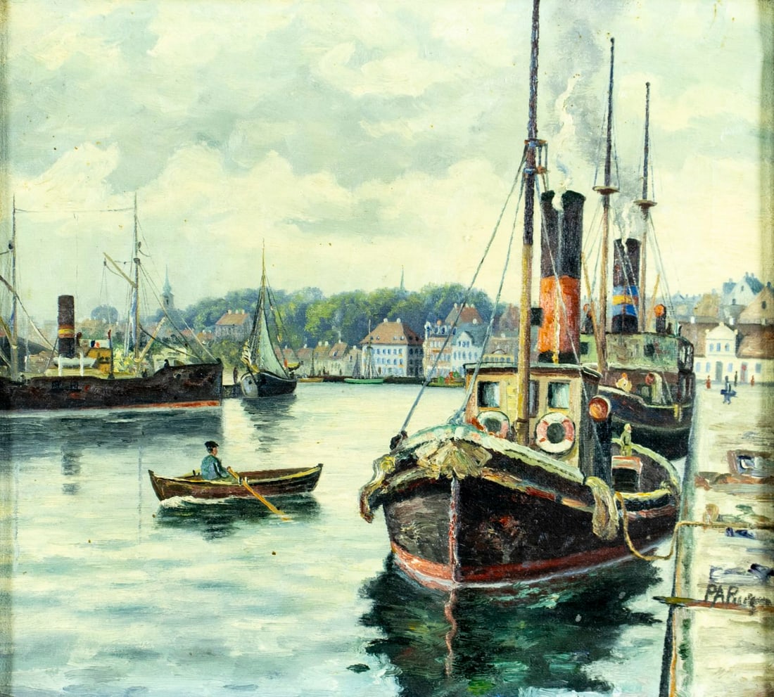 Vintage mid 20C Danish oil painting signed: ARTIST: - (Denmark mid 20 century) TITLE: Harbor Scene MEDIUM: oil on canvas CONDITION: Few minor paint losses. Minor craquelure. No visible inpaint under UV light. Wear to