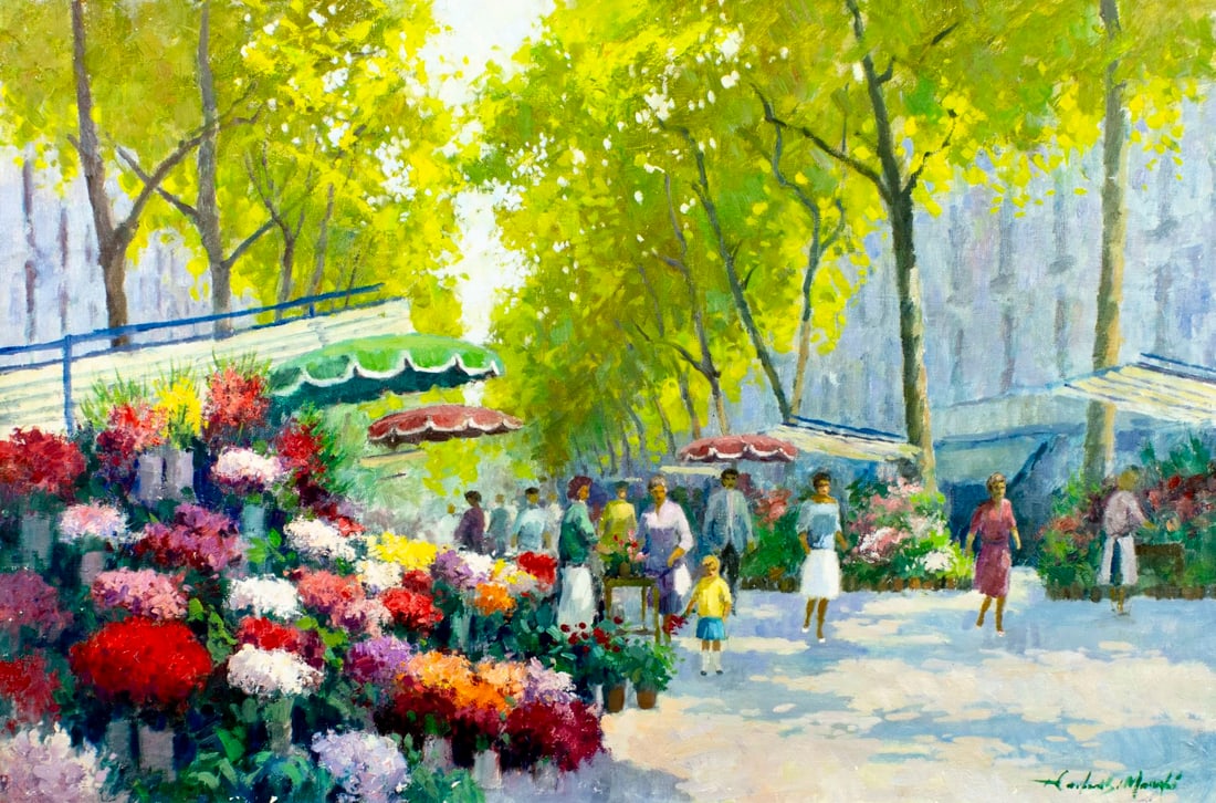 Francisco Carbonell Massabe (Spain,1928-?) oil painting: ARTIST: Francisco Carbonell Massabe (Spanish, 1928 - ???) TITLE: Flower Market Scene MEDIUM: oil on canvas CONDITION: Unstretched (In-House stretching available) (In-House