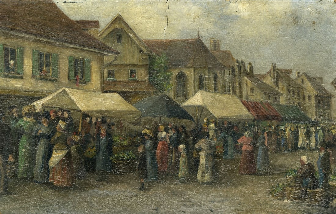 Antique early 20C European oil painting antique: ARTIST: - (Europe, early 20 century) TITLE: Market Cityscape with Figures YEAR: 1901 MEDIUM: oil on board CONDITION: Some small damages to corners and ed