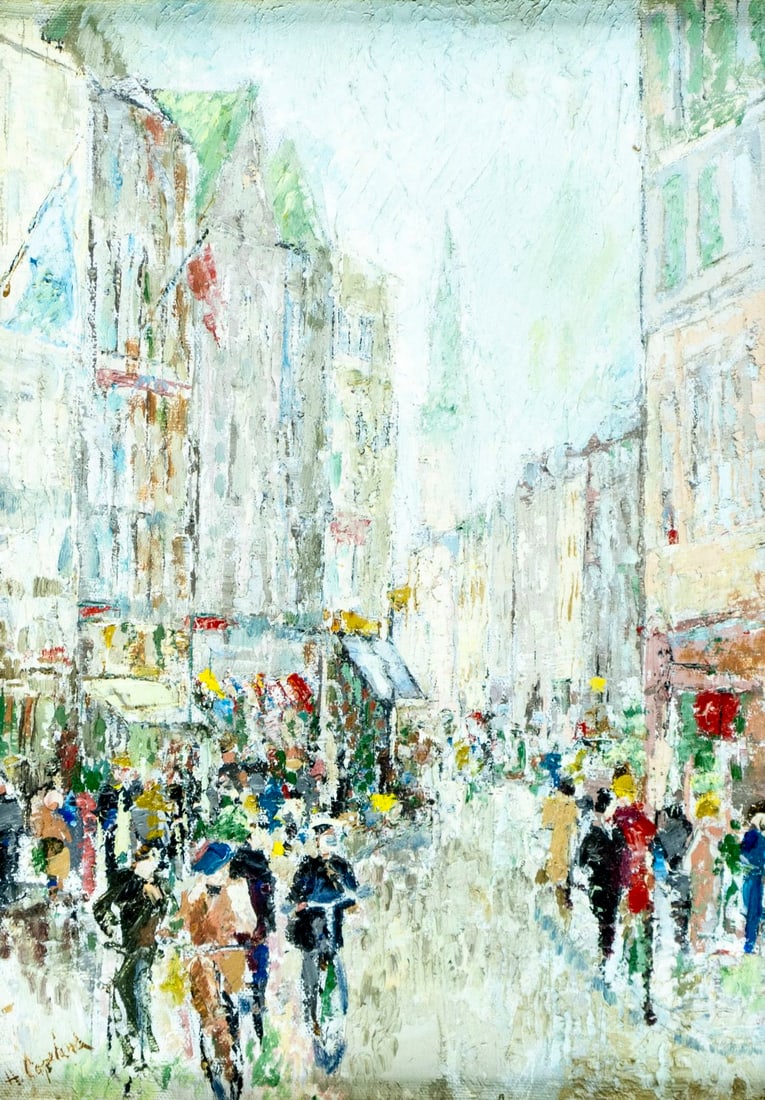 Lennie Copeland (mid 20C) oil painting: ARTIST: Lennie Copeland (mid 20 century) TITLE: Paris Cityscape, France (titled on verso) MEDIUM: oil on canvas. Canvas applied to board. CONDITION: Few minor paint losses.