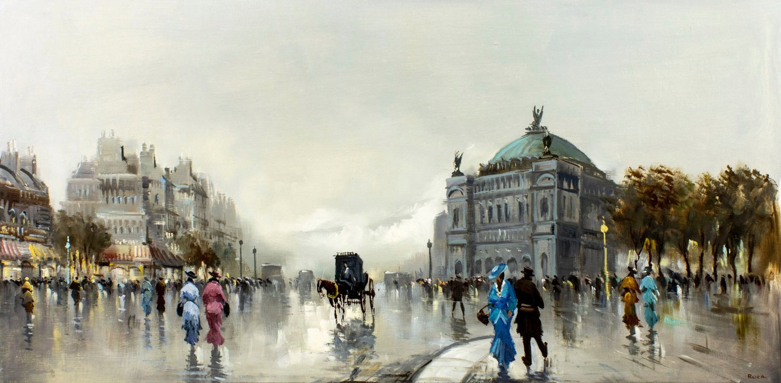 Ruca (Italy,20C) oil painting: ARTIST: Ruca (Italian, 20 century) TITLE: Paris Cityscape, France MEDIUM: oil on canvas. Canvas applied to board. CONDITION: Few minor paint losses. Some craquelure. Few sca