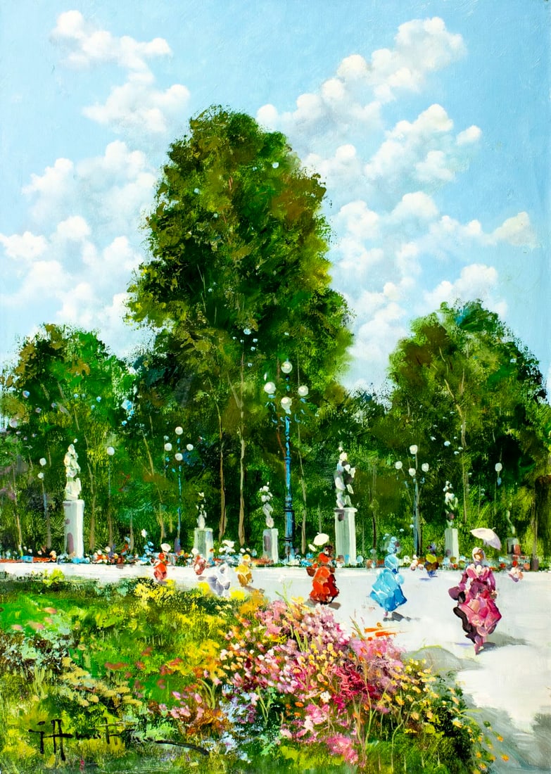 Vintage 20C European oil painting signed: ARTIST: - (Europe, 20 century) TITLE: Park Landscape MEDIUM: oil on canvas CONDITION: Unstretched (In-House stretching available) (In-House stretching available). Overall