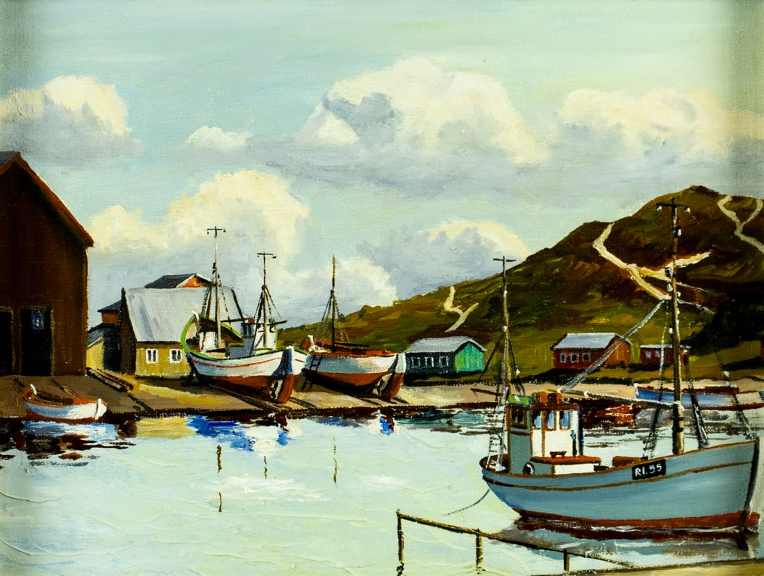 Vintage 20C Danish oil painting: ARTIST: - (Denmark, 20 century) TITLE: Harbor Scene MEDIUM: oil on canvas CONDITION: Overall good. No visible inpaint under UV light. Wear to frame. ART SIZE: