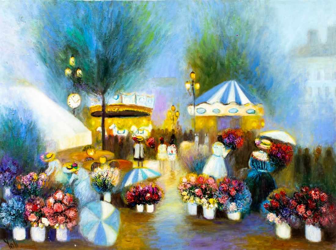 Yolanda Razzeto (Peru,1948-?) oil painting: ARTIST: Yolanda Razzeto (Peruvian, 1948 - ???) TITLE: Flower Market Scene MEDIUM: oil on canvas CONDITION: Unstretched (In-House stretching available). Some small paint loss
