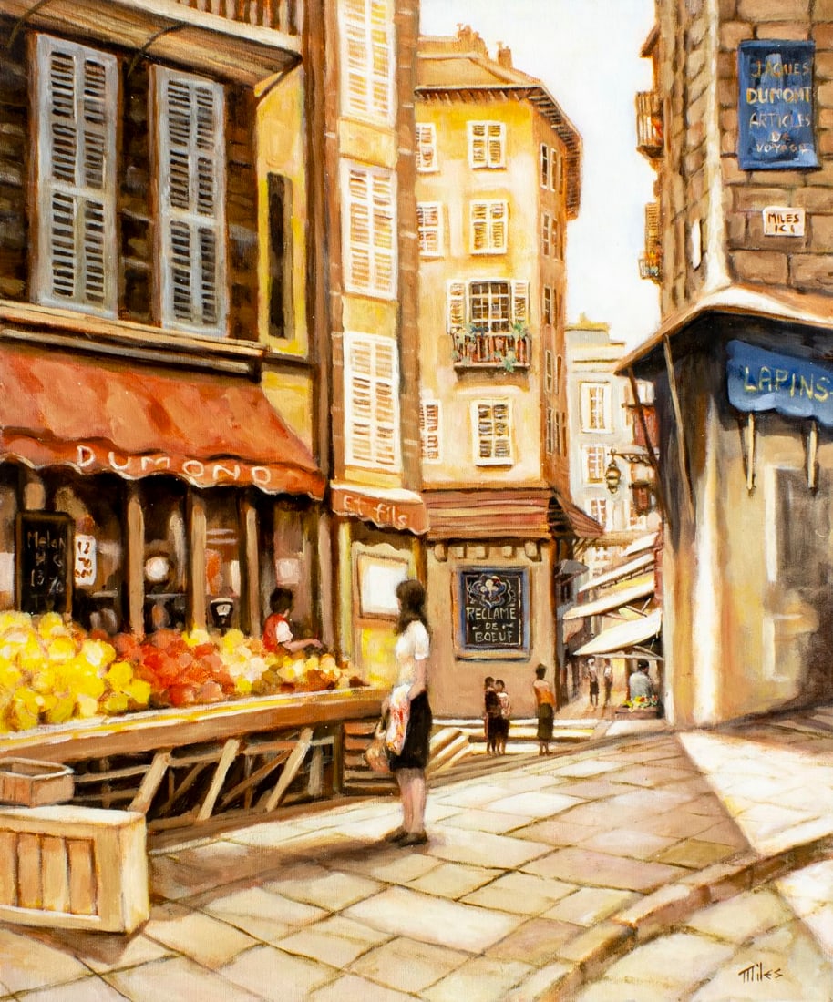 Matthew Miles (NY,1924-?) oil painting: ARTIST: Matthew Albert Miles (New York, 1924 - ???) TITLE: Cityscape with Fruit Shop MEDIUM: oil on canvas CONDITION: Unstretched (In-House stretching available) (In-House