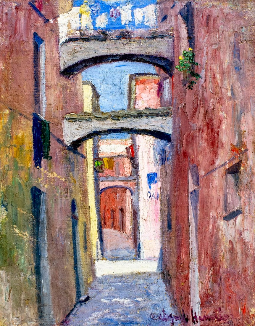 Hildegarde Hamilton (FL,VA,1898-1970) oil painting: ARTIST: Hildegarde Hume Hamilton (Florida, Virginia, 1898 - 1970) TITLE: Cityscape MEDIUM: oil on canvas CONDITION: Unstretched (In-House stretching available). Some paint