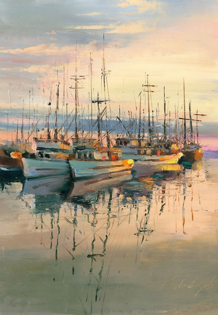 Volodymyr Budenkevych (Ukraine,20/21C) oil painting: ARTIST: Volodymyr Budenkevych (Ukraine, 20/21 centuries) TITLE: Harbor Scene with Boats MEDIUM: oil on heavy paper CONDITION: Very good. No visible inpaint under UV light.