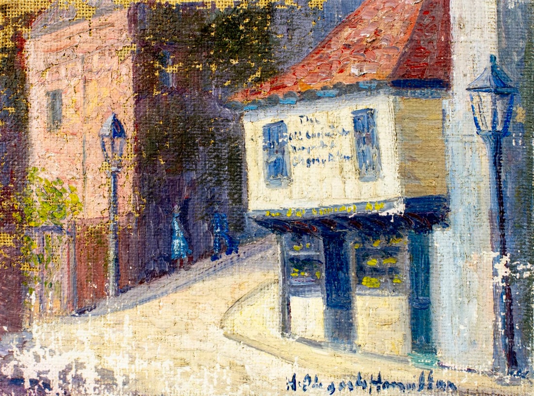 Hildegarde Hamilton (FL,VA,1898-1970) oil painting: ARTIST: Hildegarde Hume Hamilton (Florida, Virginia, 1898 - 1970) TITLE: Cityscape MEDIUM: oil on canvas CONDITION: Some flaking/paint losses (see pictures carefully). Som